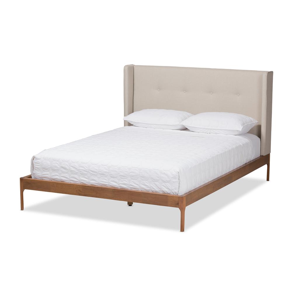 Brooklyn Mid-Century Modern Walnut Wood Beige Fabric Full Size Platform Bed. Picture 11