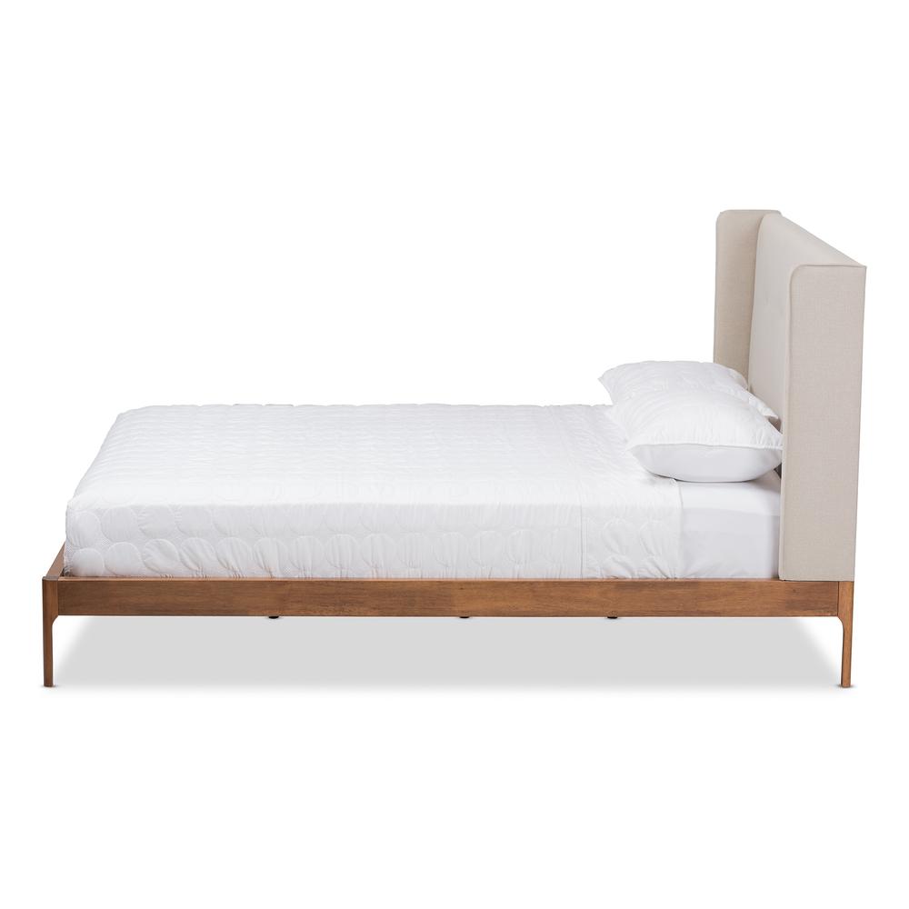 Brooklyn Mid-Century Modern Walnut Wood Beige Fabric Full Size Platform Bed. Picture 12