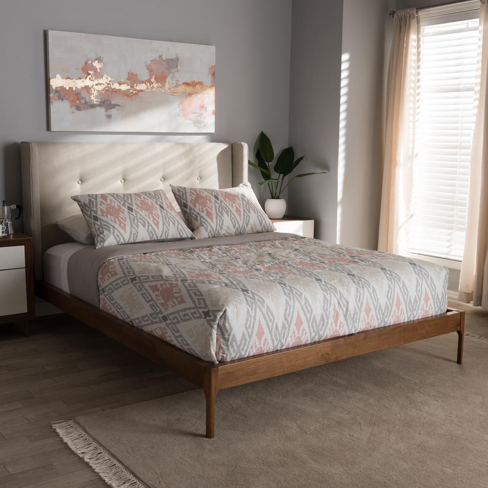 Brooklyn Mid-Century Modern Walnut Wood Beige Fabric Full Size Platform Bed. Picture 18