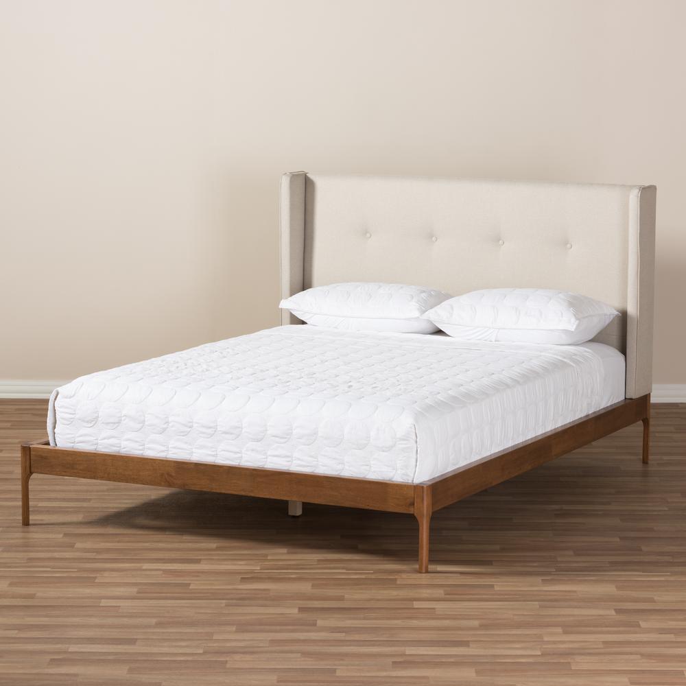 Brooklyn Mid-Century Modern Walnut Wood Beige Fabric Full Size Platform Bed. Picture 19