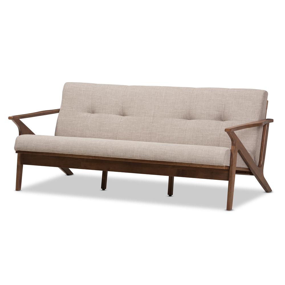 Bianca Mid-Century Modern Walnut Wood Light Grey Fabric Tufted 3-Seater Sofa. Picture 11