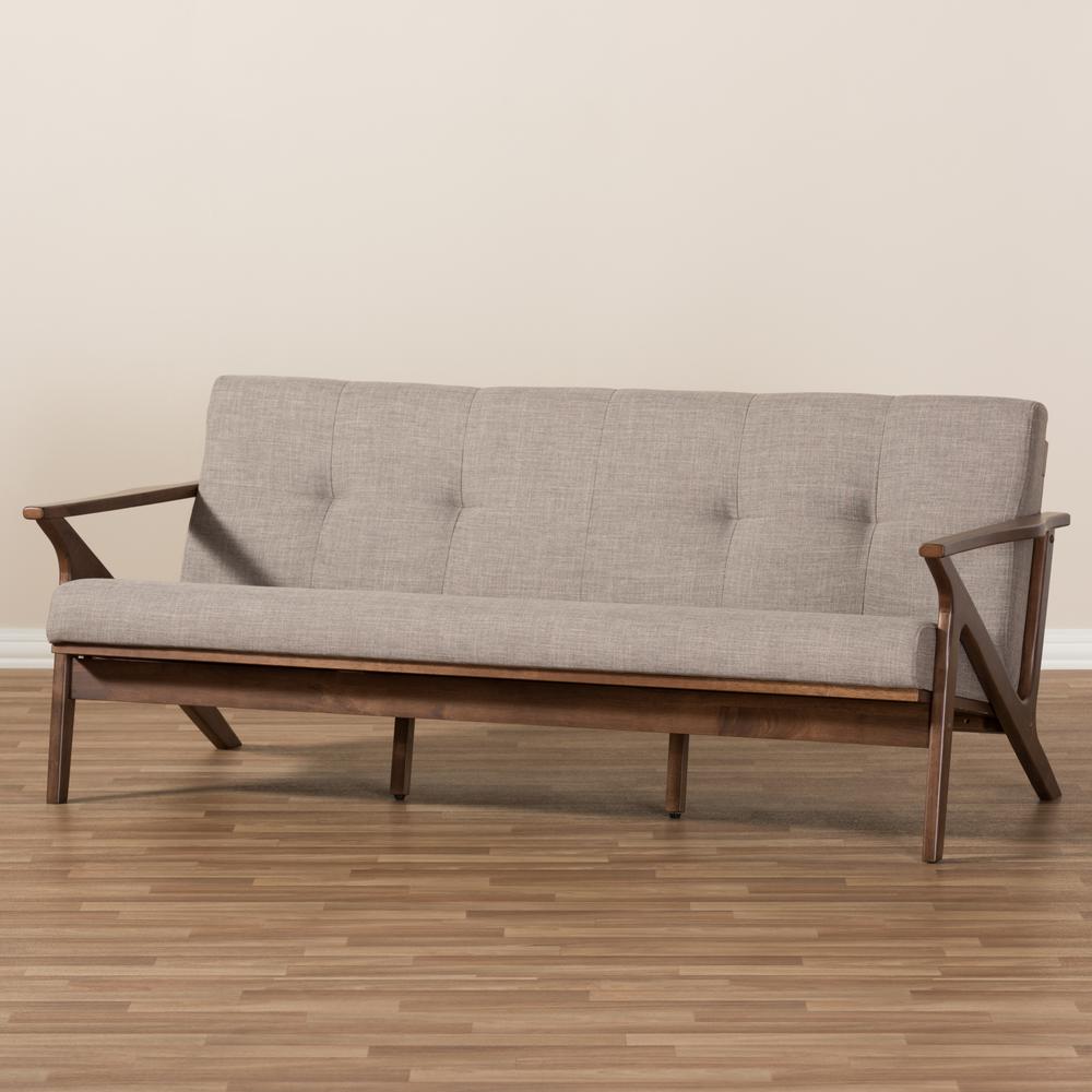 Bianca Mid-Century Modern Walnut Wood Light Grey Fabric Tufted 3-Seater Sofa. Picture 19