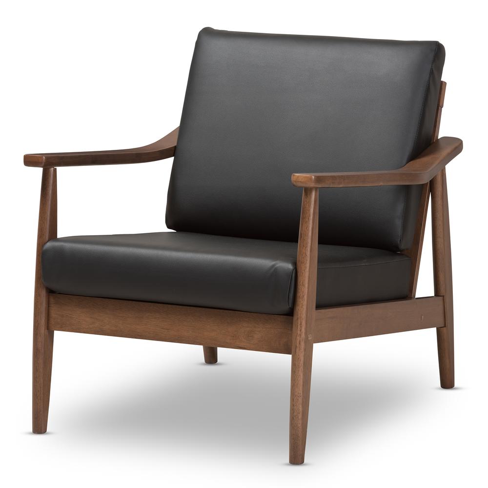 Venza Mid-Century Modern Walnut Wood Black Faux Leather Lounge Chair. Picture 10