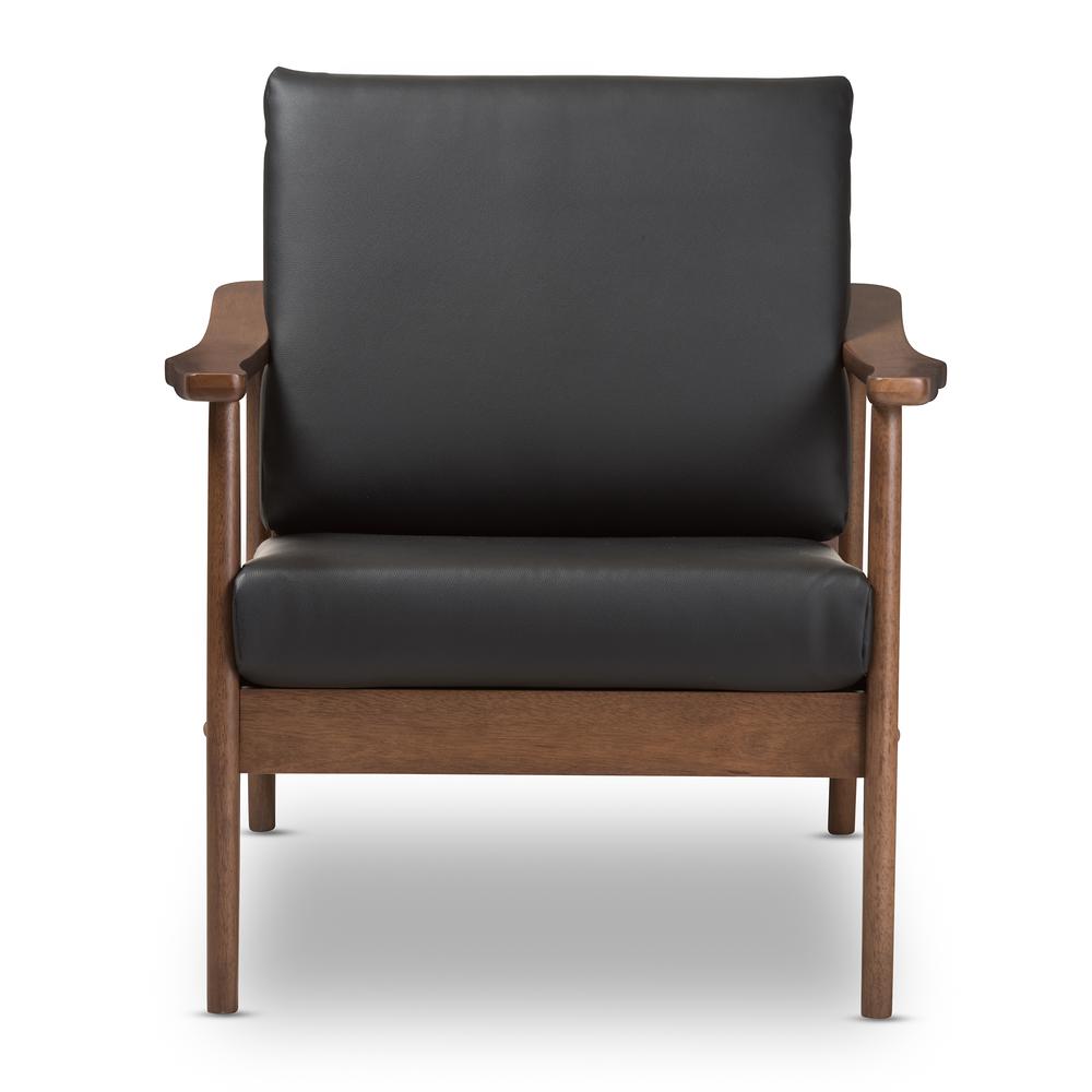 Venza Mid-Century Modern Walnut Wood Black Faux Leather Lounge Chair. Picture 11