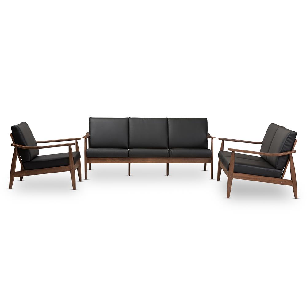 Venza Mid-Century Modern Walnut Wood Black Faux Leather 3-Piece Livingroom Set. Picture 7