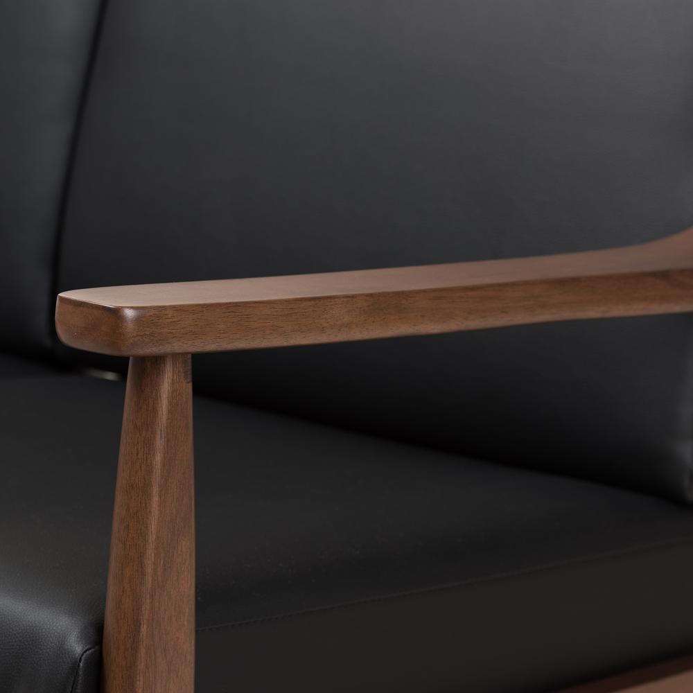 Venza Mid-Century Modern Walnut Wood Black Faux Leather 3-Piece Livingroom Set. Picture 8