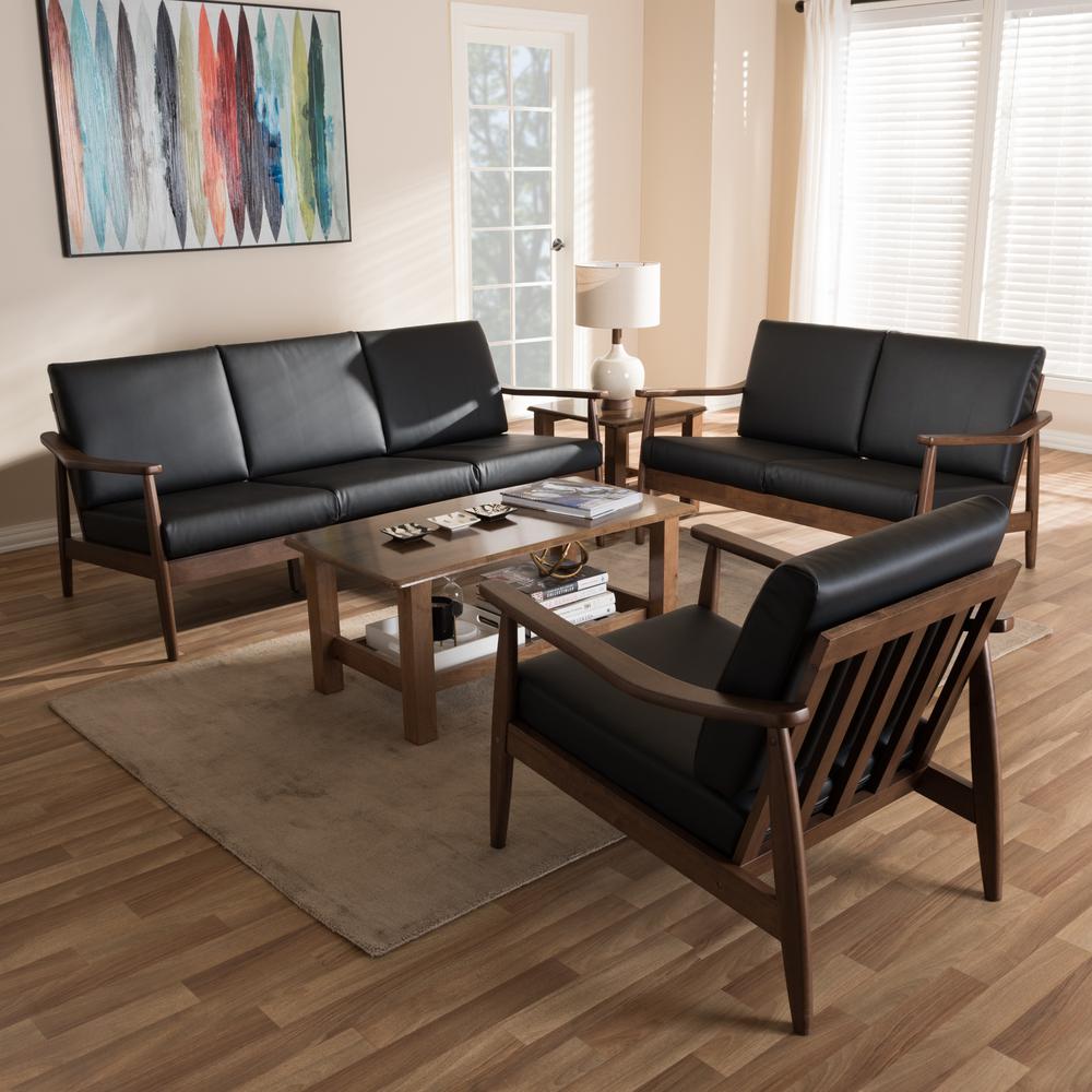 Venza Mid-Century Modern Walnut Wood Black Faux Leather 3-Piece Livingroom Set. Picture 10