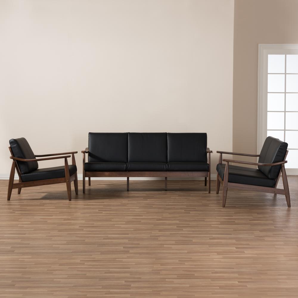 Venza Mid-Century Modern Walnut Wood Black Faux Leather 3-Piece Livingroom Set. Picture 11