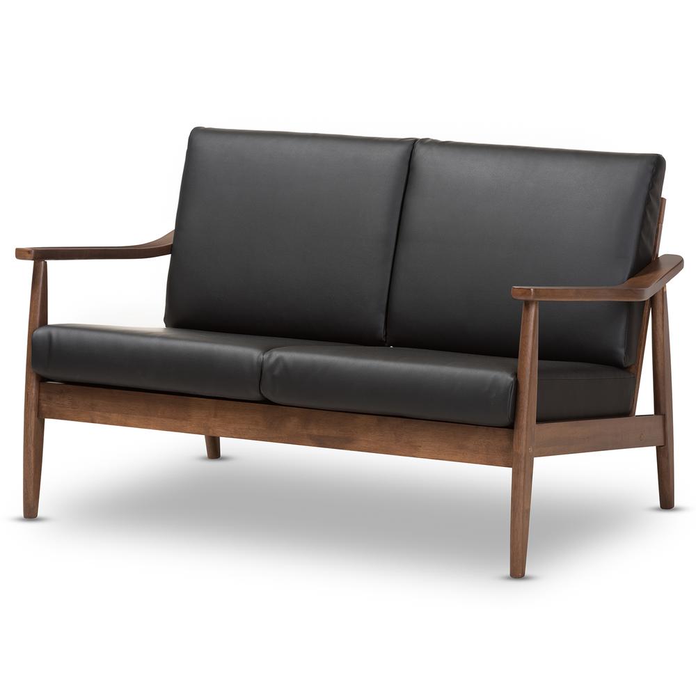 Venza Mid-Century Modern Walnut Wood Black Faux Leather 2-Seater Loveseat. Picture 10