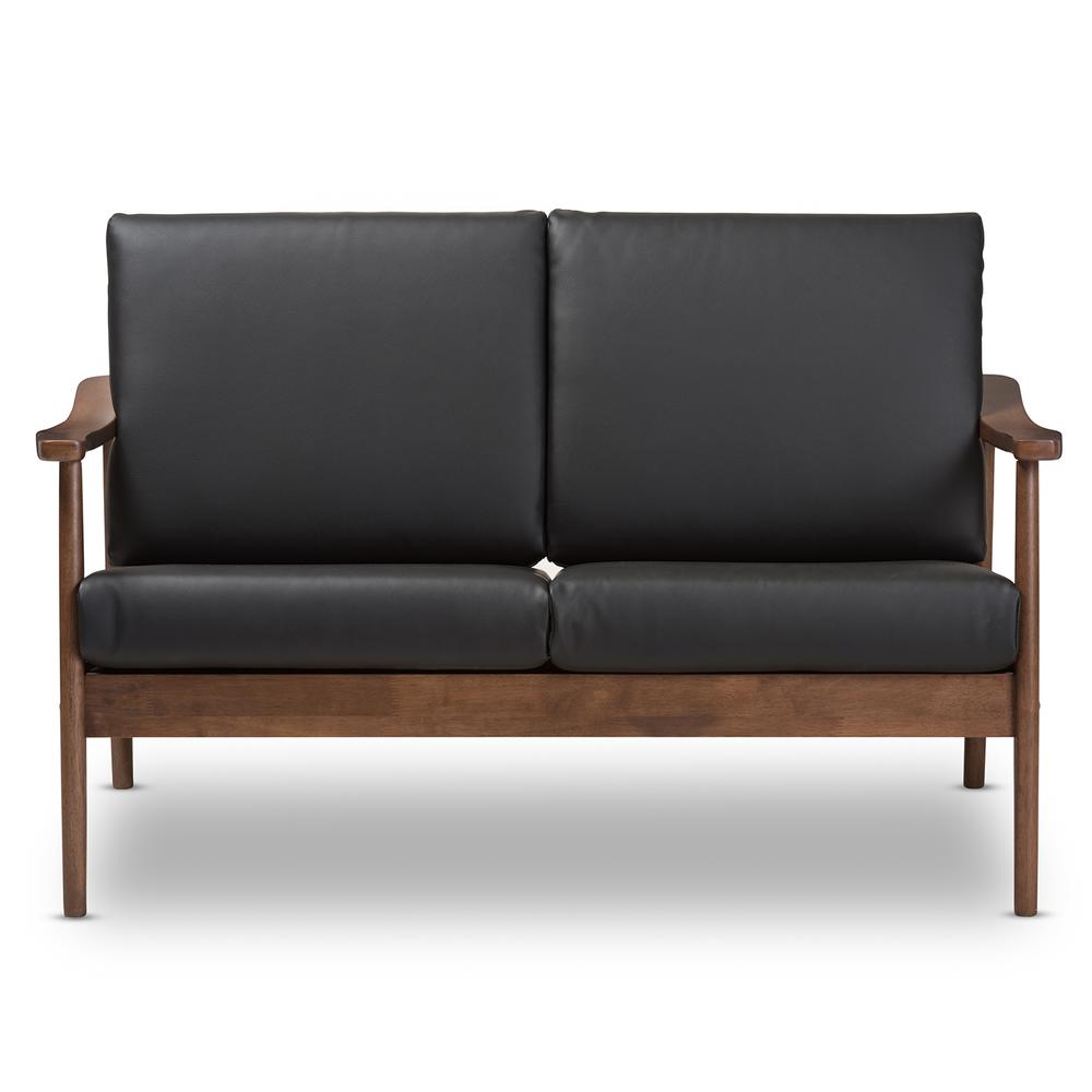 Venza Mid-Century Modern Walnut Wood Black Faux Leather 2-Seater Loveseat. Picture 11