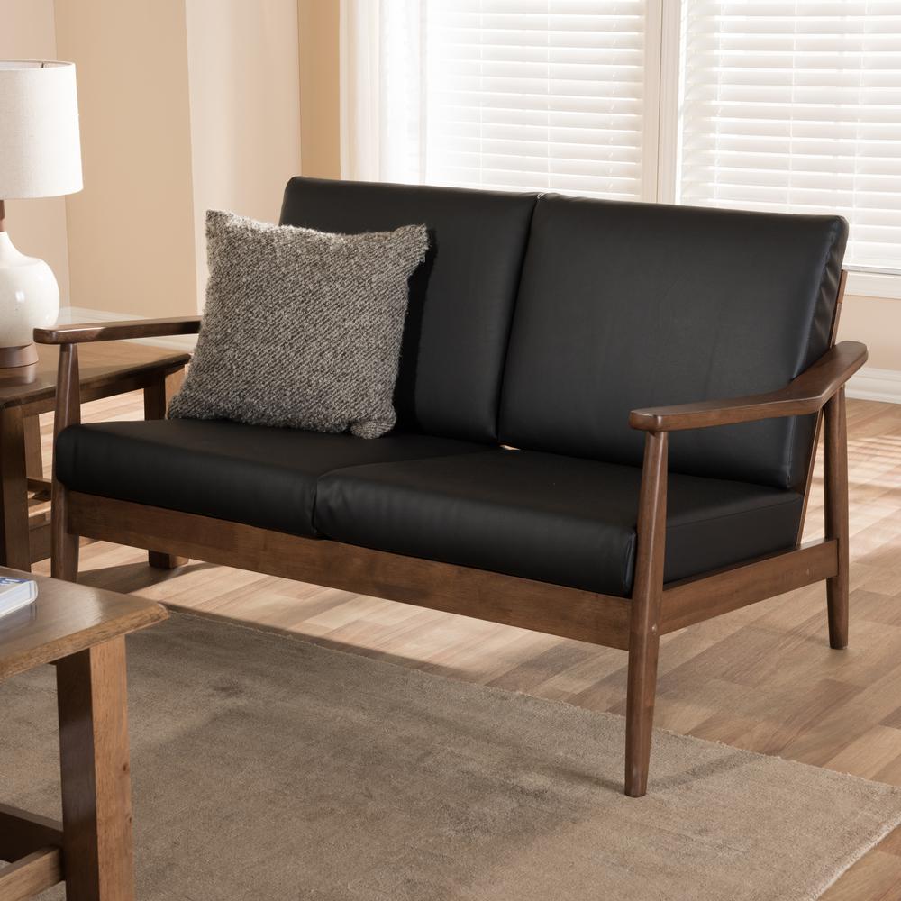Venza Mid-Century Modern Walnut Wood Black Faux Leather 2-Seater Loveseat. Picture 16