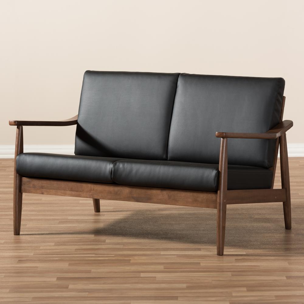 Venza Mid-Century Modern Walnut Wood Black Faux Leather 2-Seater Loveseat. Picture 17