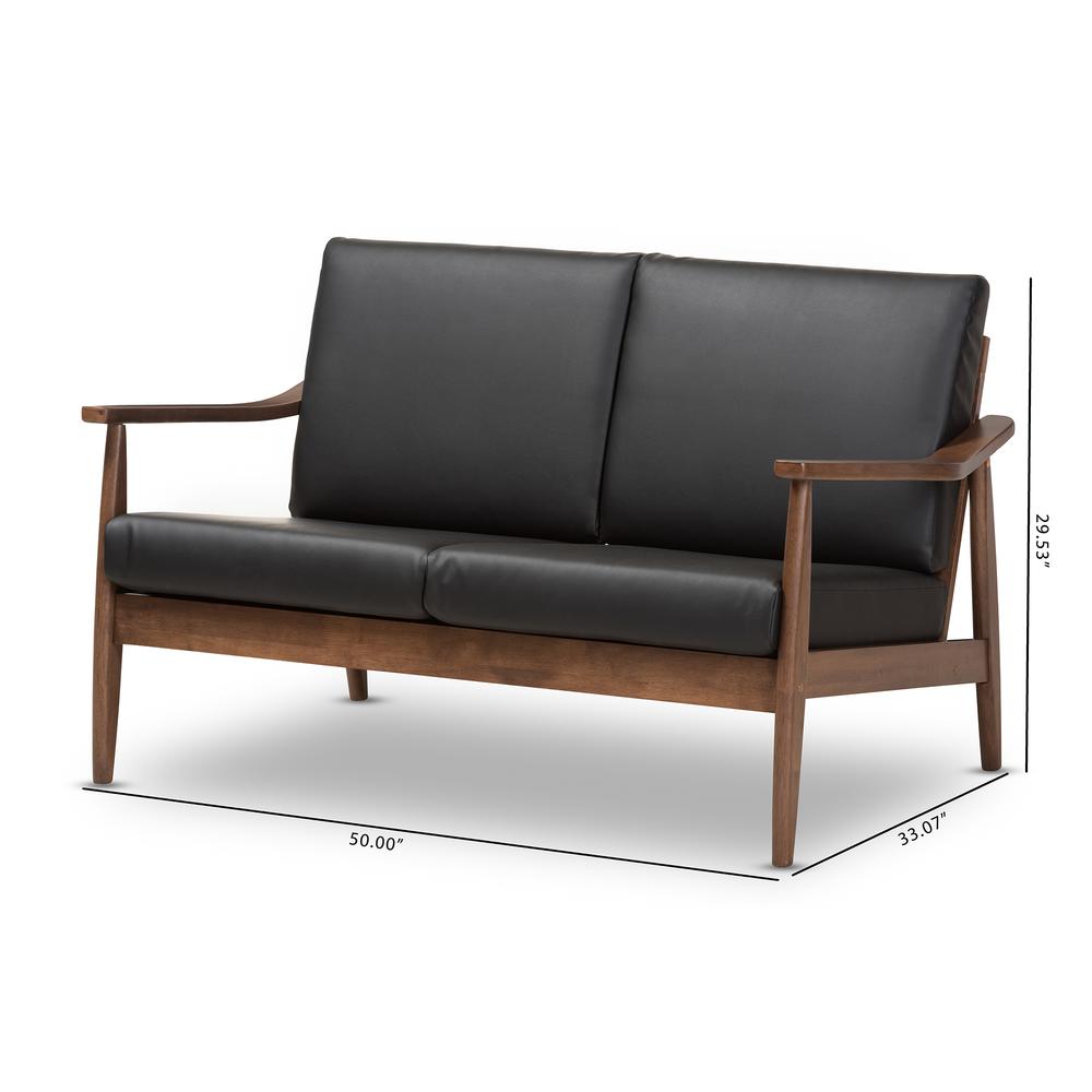 Venza Mid-Century Modern Walnut Wood Black Faux Leather 2-Seater Loveseat. Picture 18