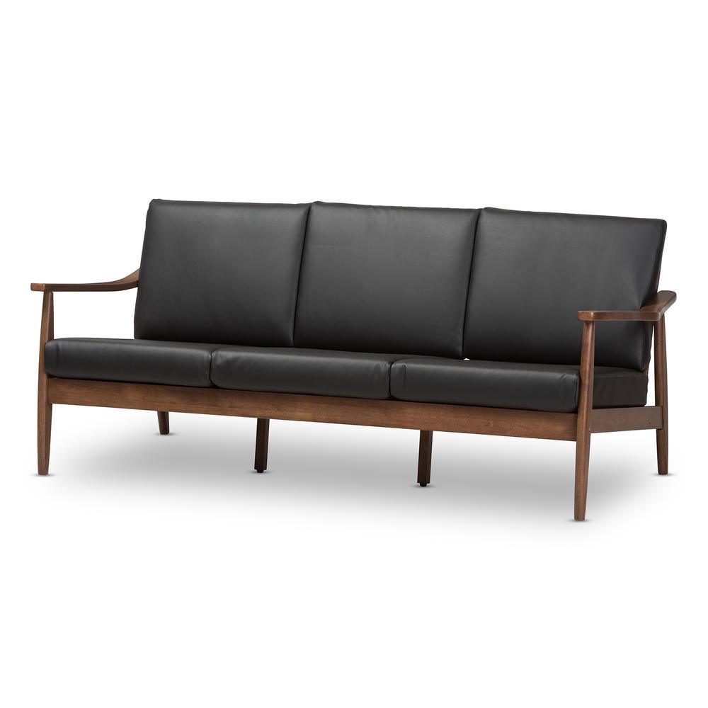 Venza Mid-Century Modern Walnut Wood Black Faux Leather 3-Seater Sofa. Picture 10