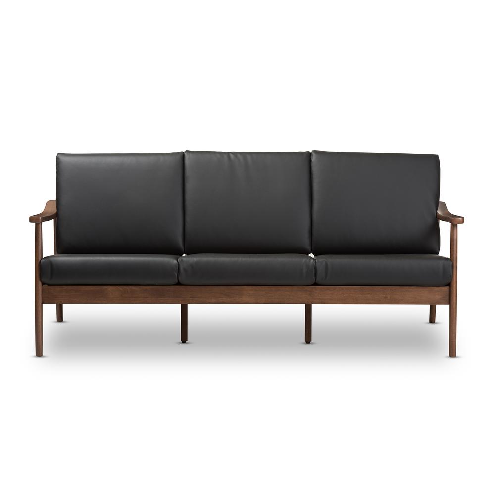 Venza Mid-Century Modern Walnut Wood Black Faux Leather 3-Seater Sofa. Picture 11