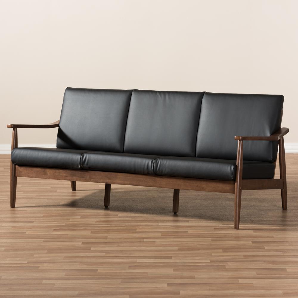 Venza Mid-Century Modern Walnut Wood Black Faux Leather 3-Seater Sofa. Picture 17