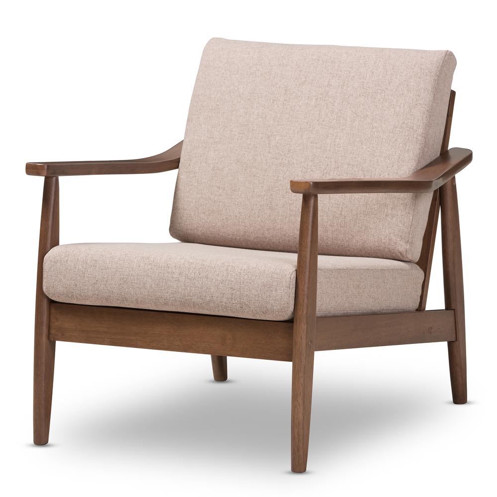Venza Mid-Century Modern Walnut Wood Light Brown Fabric Upholstered Lounge Chair. Picture 10