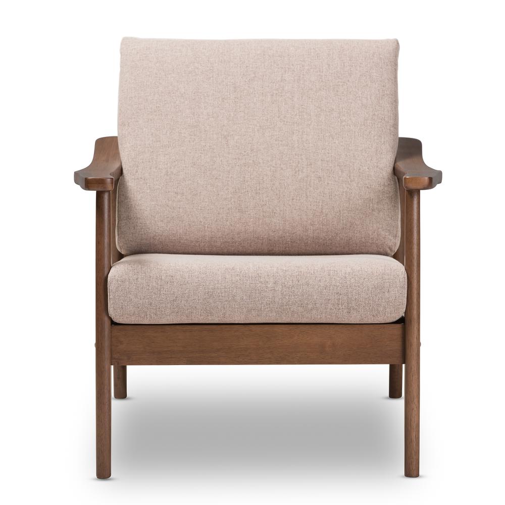 Venza Mid-Century Modern Walnut Wood Light Brown Fabric Upholstered Lounge Chair. Picture 11