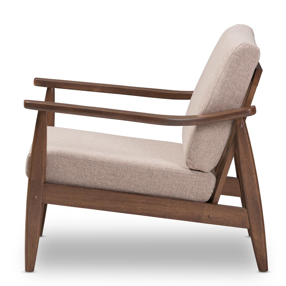 Venza Mid-Century Modern Walnut Wood Light Brown Fabric Upholstered Lounge Chair. Picture 12