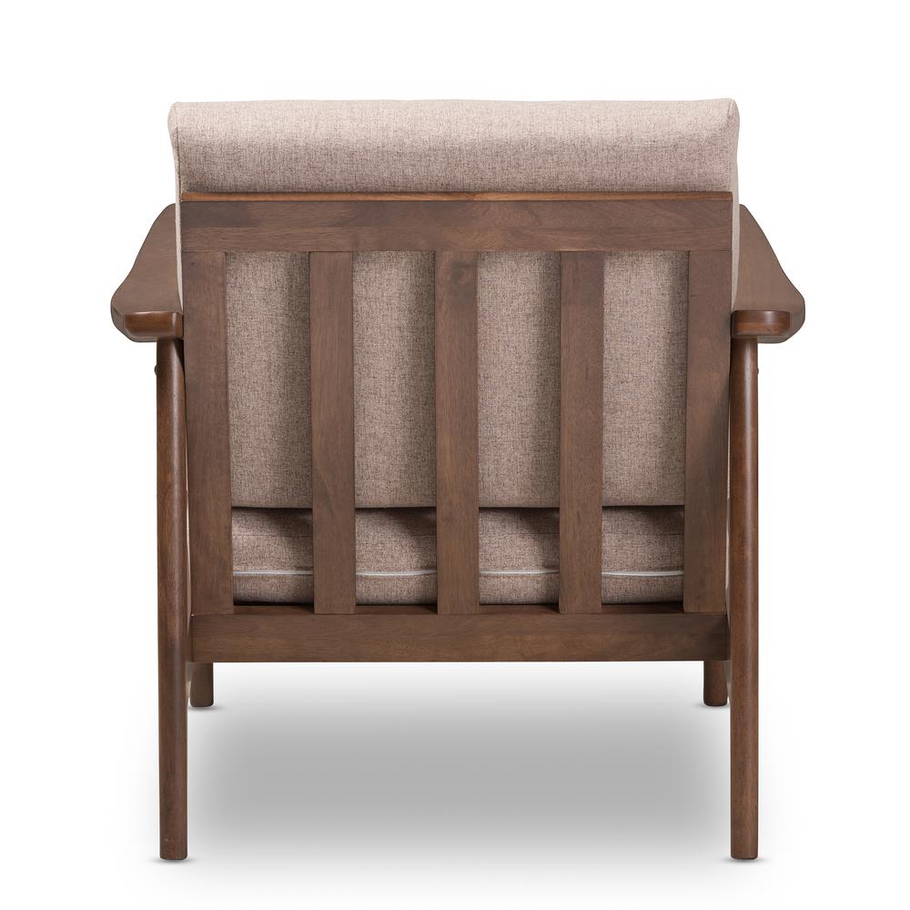 Venza Mid-Century Modern Walnut Wood Light Brown Fabric Upholstered Lounge Chair. Picture 13