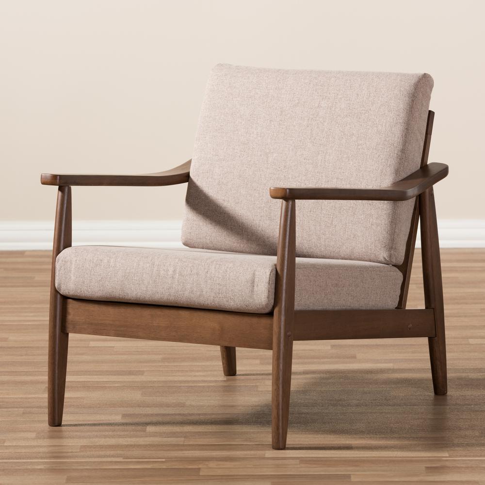 Venza Mid-Century Modern Walnut Wood Light Brown Fabric Upholstered Lounge Chair. Picture 17