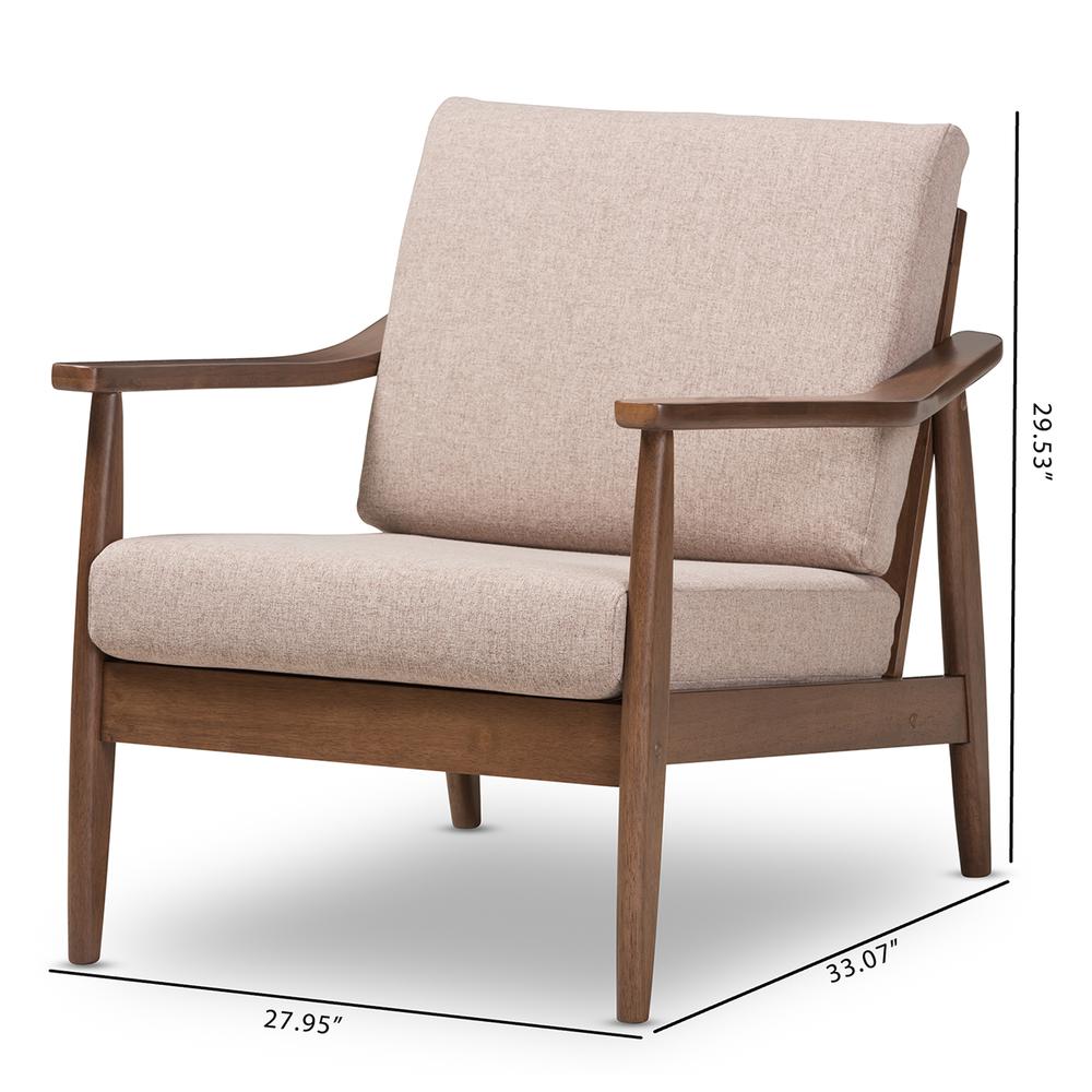 Venza Mid-Century Modern Walnut Wood Light Brown Fabric Upholstered Lounge Chair. Picture 18