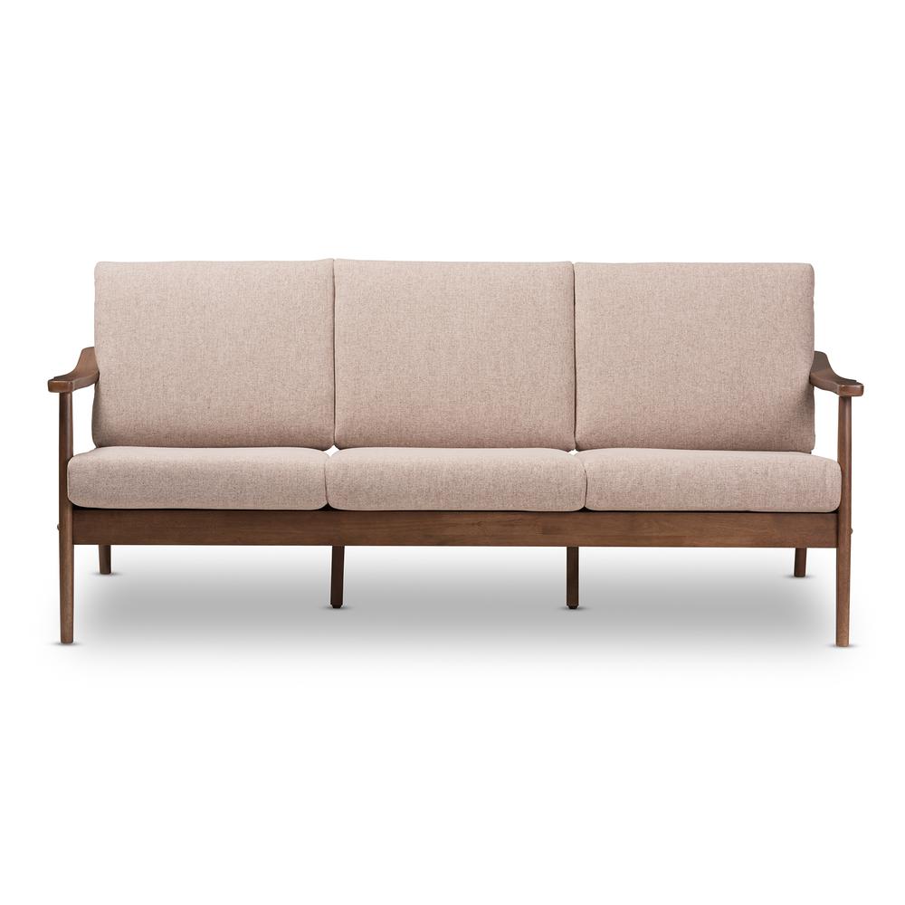 Walnut Wood Light Brown Fabric Upholstered 3-Seater Sofa. Picture 11
