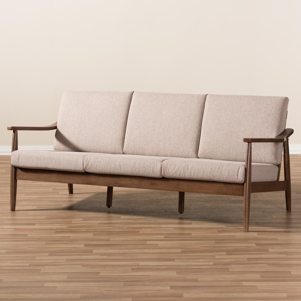Walnut Wood Light Brown Fabric Upholstered 3-Seater Sofa. Picture 17
