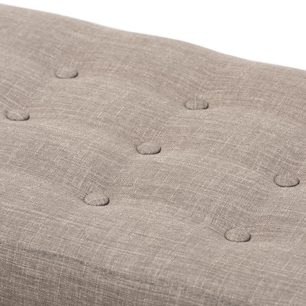 Elia Mid-Century Modern Walnut Wood Light Grey Fabric Button-Tufted Bench. Picture 12