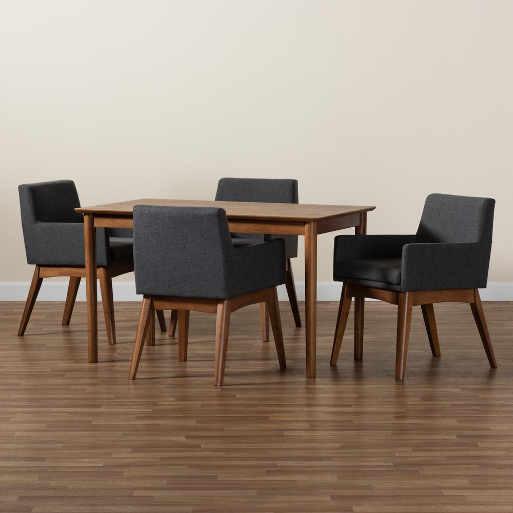 Dark Grey Fabric Upholstered and Walnut Brown Finished Wood 5-Piece Dining Set. Picture 17
