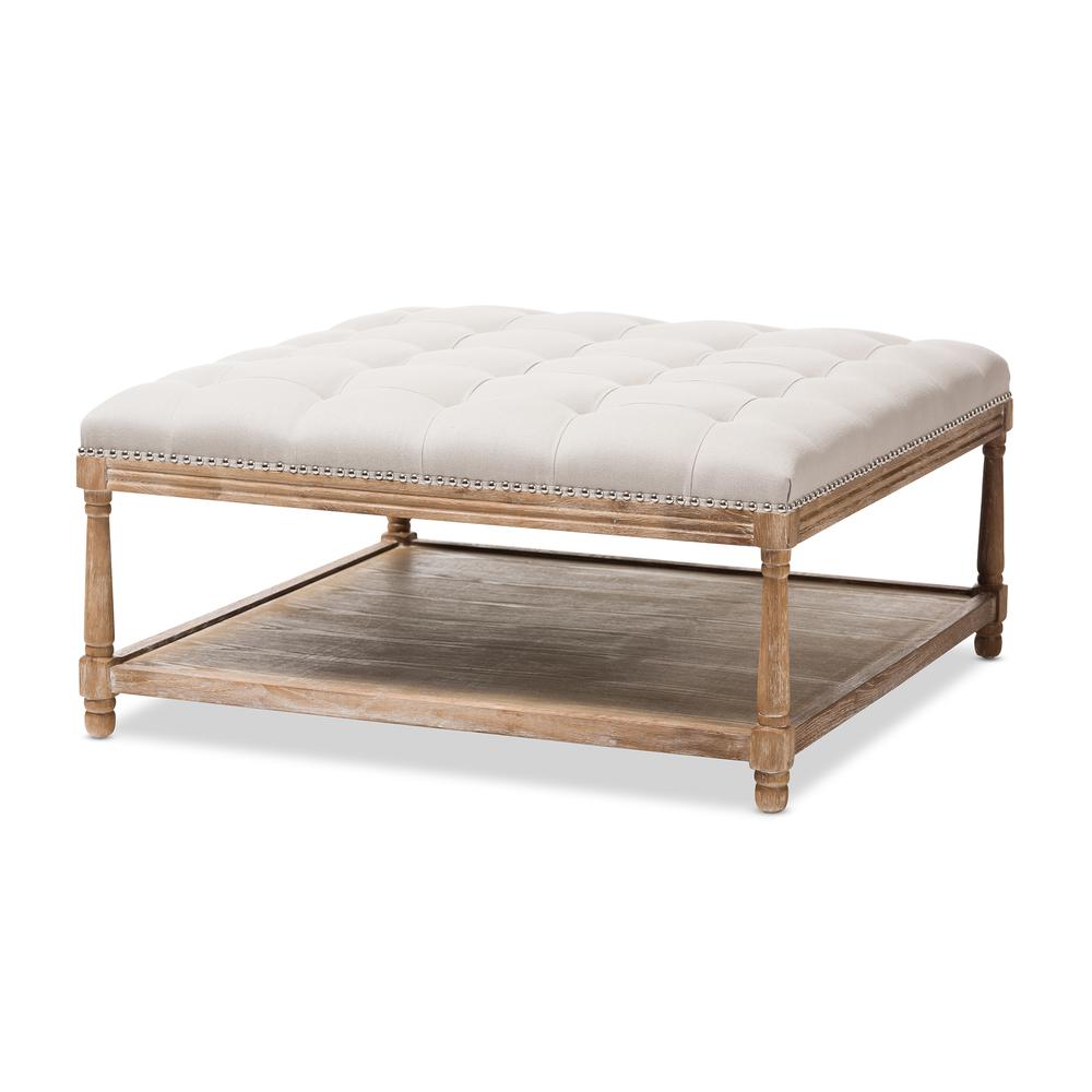 Carlotta French Country Weathered Oak Beige Linen Square Coffee Table Ottoman. Picture 8