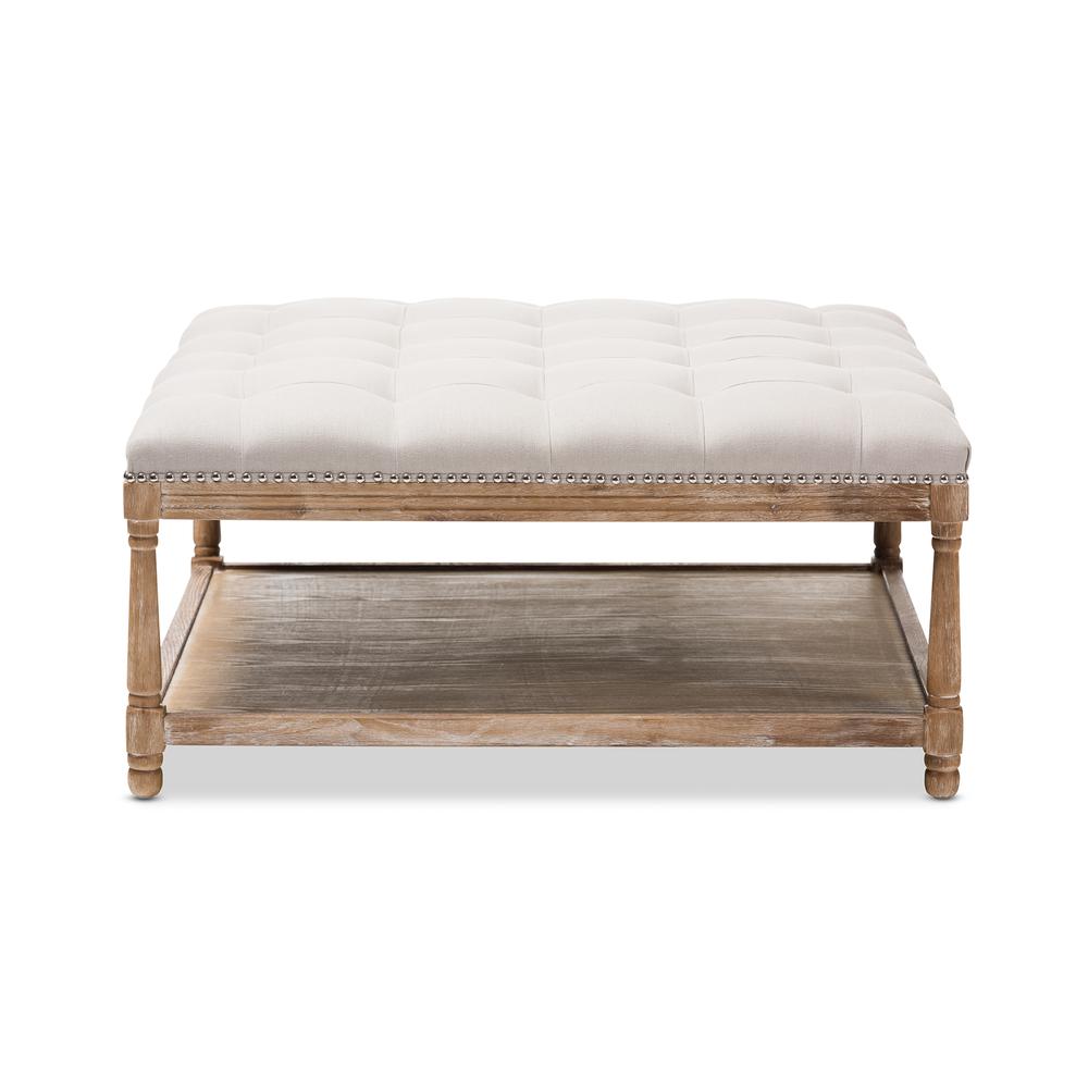 Carlotta French Country Weathered Oak Beige Linen Square Coffee Table Ottoman. Picture 9