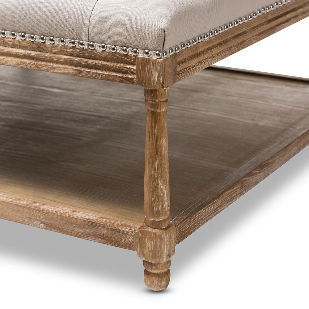 Carlotta French Country Weathered Oak Beige Linen Square Coffee Table Ottoman. Picture 11