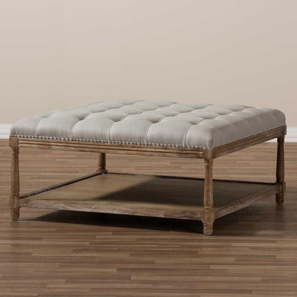 Carlotta French Country Weathered Oak Beige Linen Square Coffee Table Ottoman. Picture 13