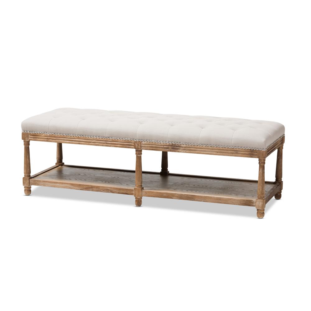 Celeste French Country Weathered Oak Beige Linen Upholstered Ottoman Bench. Picture 9