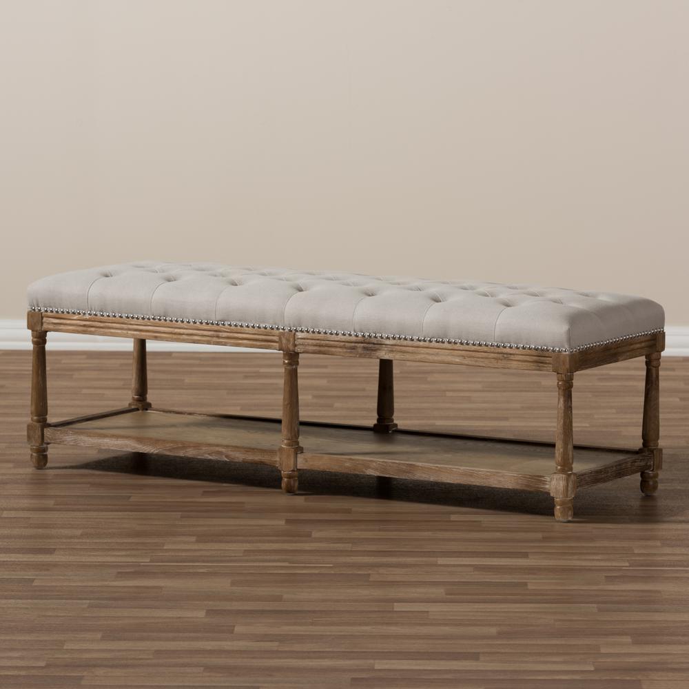 Celeste French Country Weathered Oak Beige Linen Upholstered Ottoman Bench. Picture 15