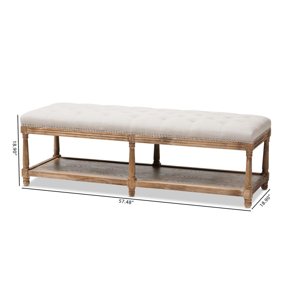 Celeste French Country Weathered Oak Beige Linen Upholstered Ottoman Bench. Picture 16