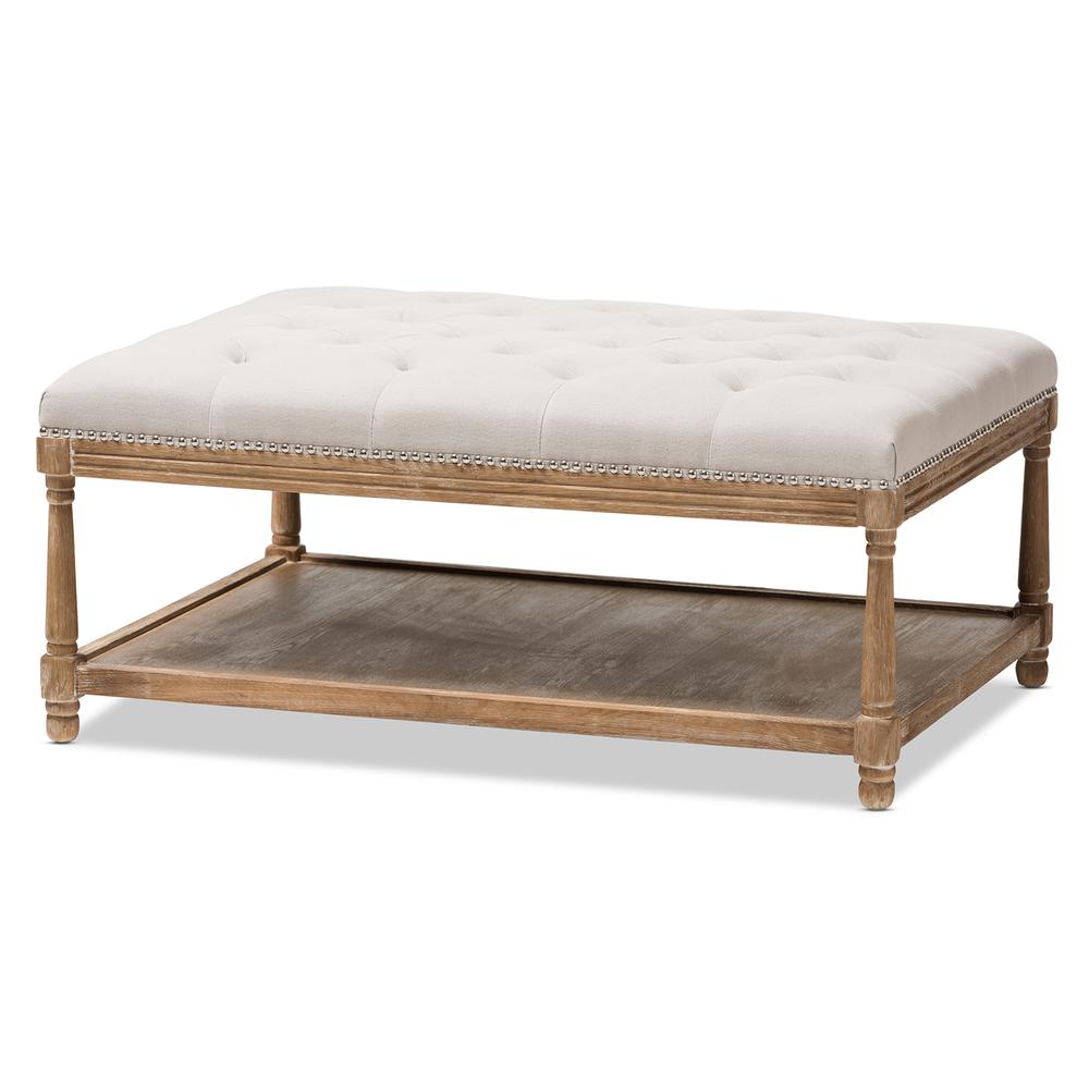 Country Weathered Oak Beige Linen Rectangular Coffee Table Ottoman. Picture 9