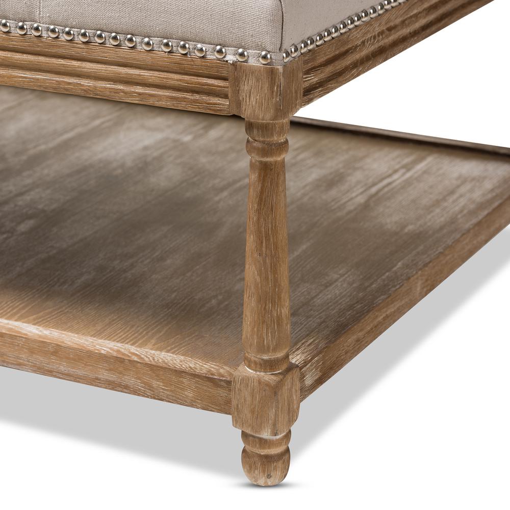 Country Weathered Oak Beige Linen Rectangular Coffee Table Ottoman. Picture 13