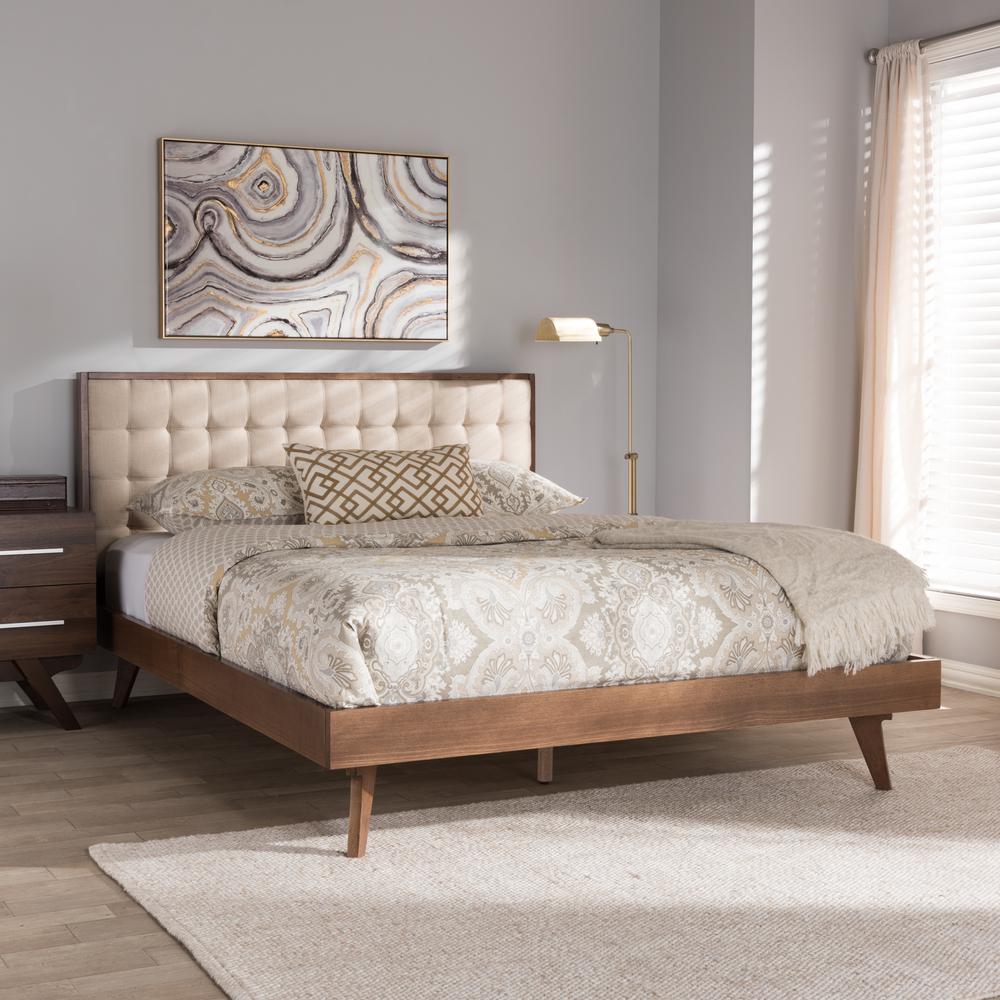 Soloman Mid-Century Modern Light Beige Fabric and Walnut Brown Finished Wood King Size Platform Bed. Picture 8