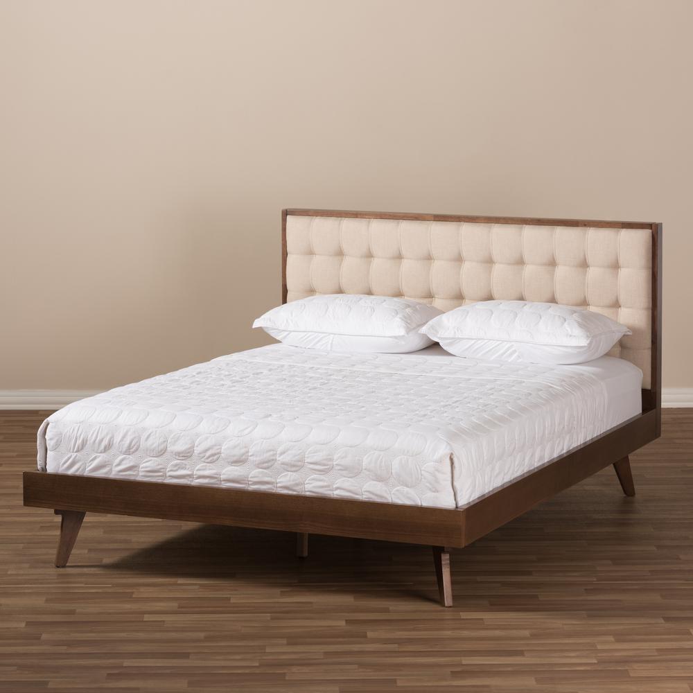 Light Beige Fabric and Walnut Brown Finished Wood Full Size Platform Bed. Picture 17