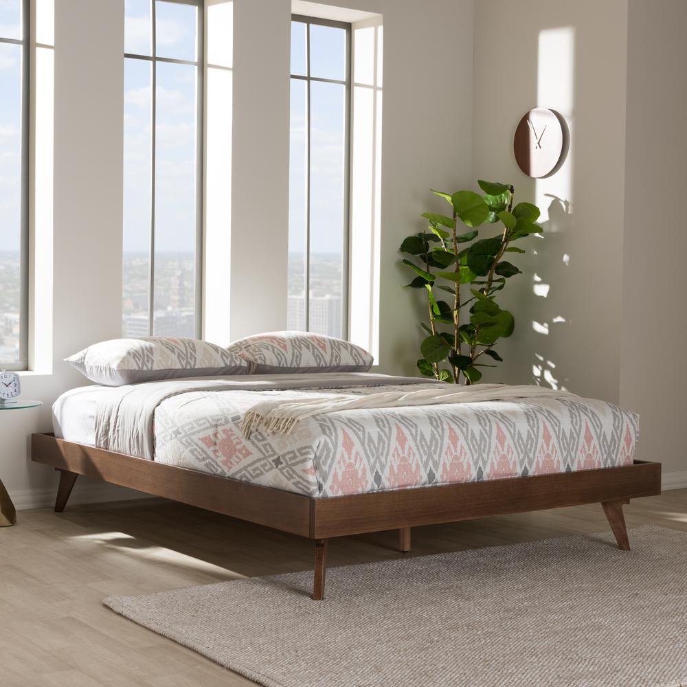 Jacob Mid-Century Modern Walnut Brown Finished Solid Wood Queen Size Bed Frame. Picture 6