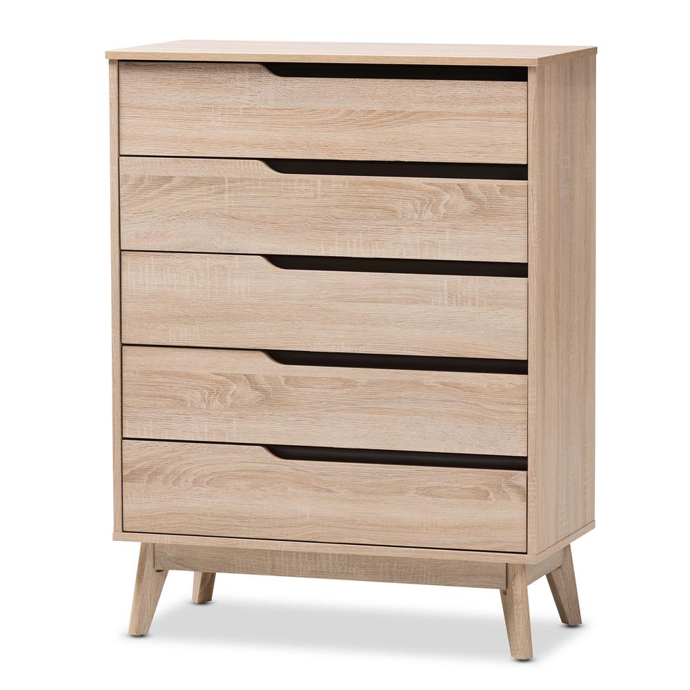 Baxton Studio Fella Mid-Century Modern Two-Tone Oak and Grey Wood 5-Drawer Chest. Picture 8