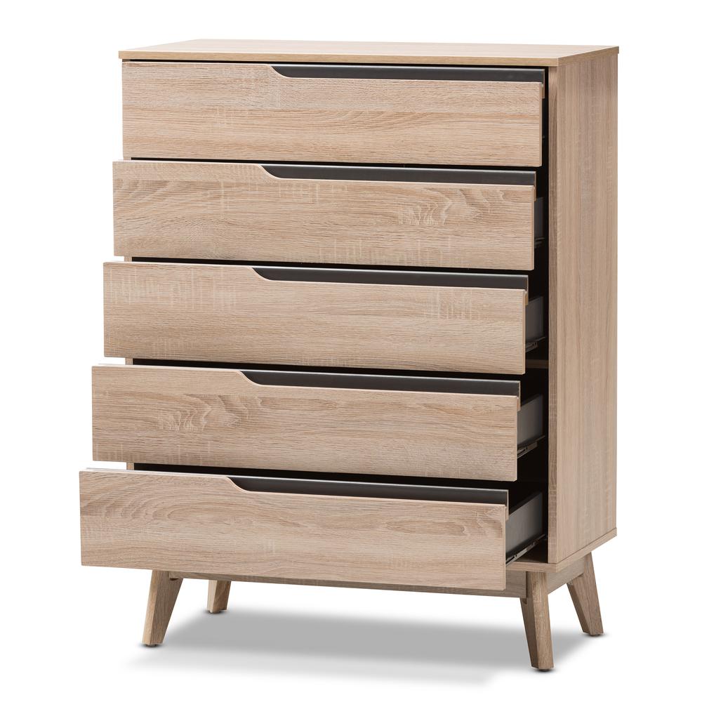Baxton Studio Fella Mid-Century Modern Two-Tone Oak and Grey Wood 5-Drawer Chest. Picture 9