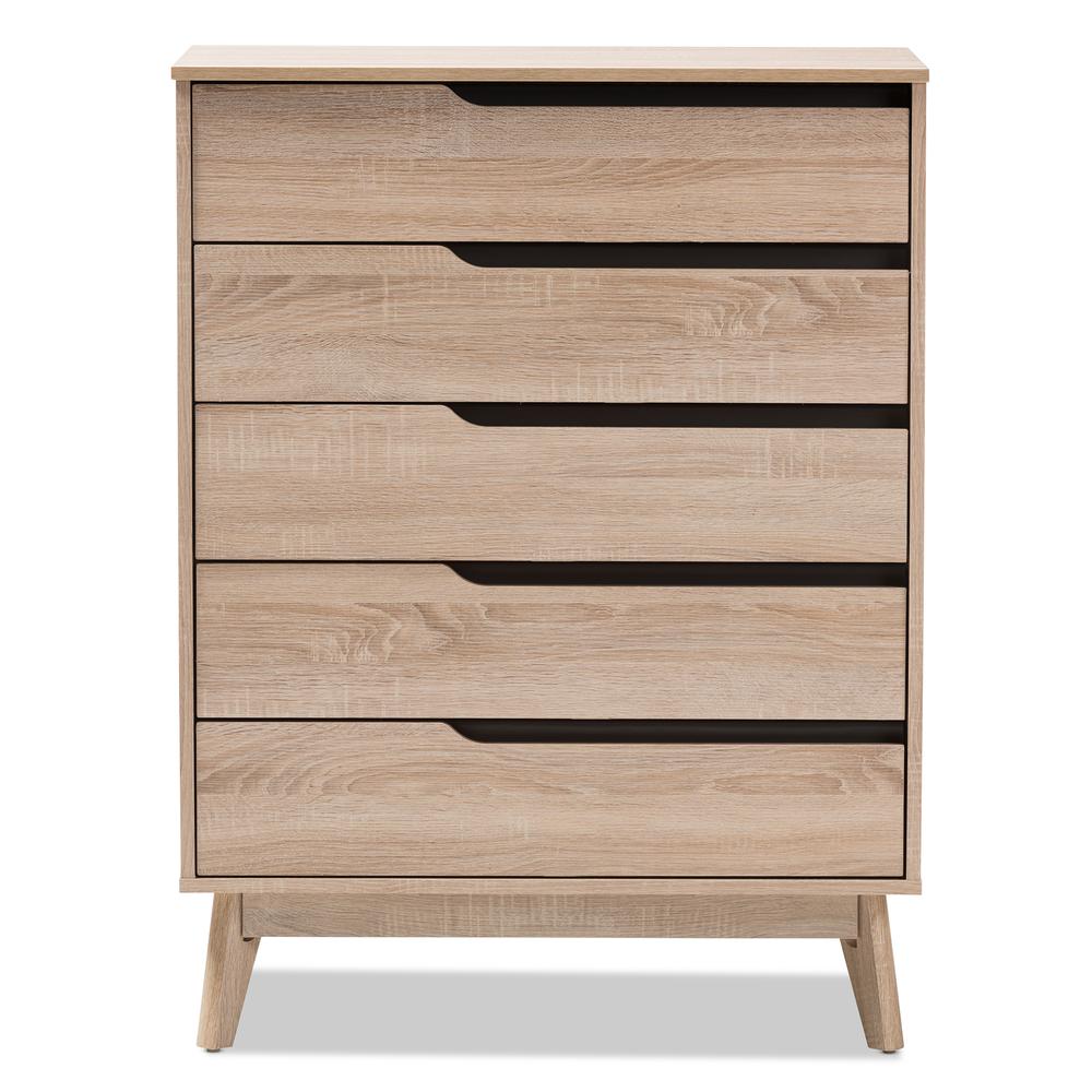 Baxton Studio Fella Mid-Century Modern Two-Tone Oak and Grey Wood 5-Drawer Chest. Picture 10