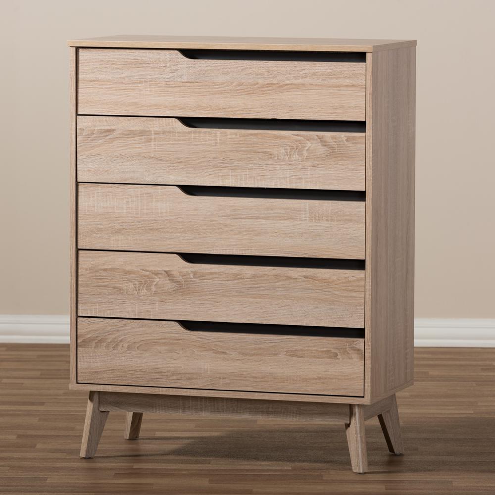 Baxton Studio Fella Mid-Century Modern Two-Tone Oak and Grey Wood 5-Drawer Chest. Picture 13