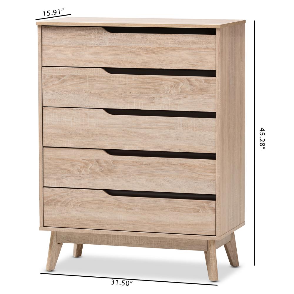 Baxton Studio Fella Mid-Century Modern Two-Tone Oak and Grey Wood 5-Drawer Chest. Picture 14