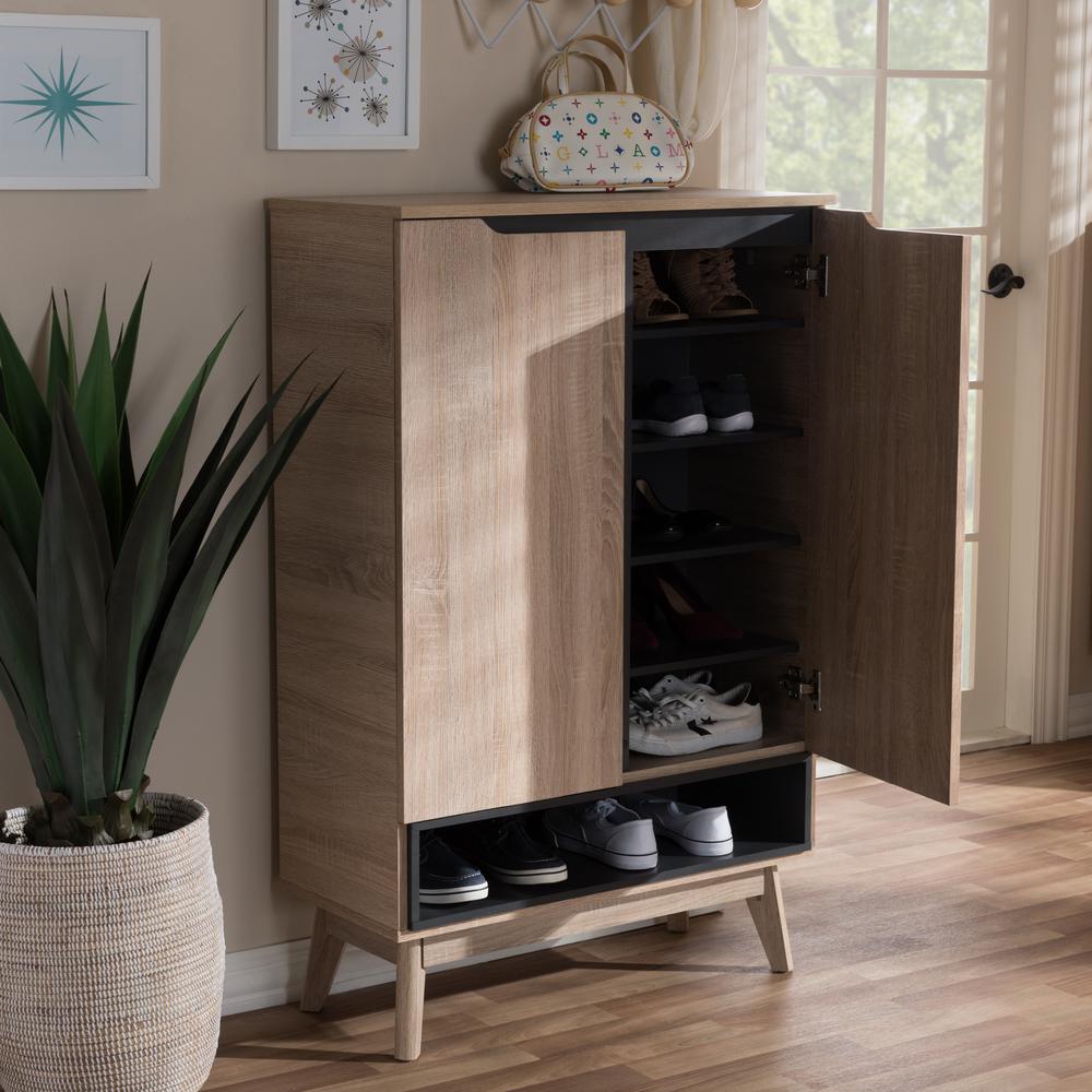 Baxton Studio Fella Mid-Century Modern Two-Tone Oak and Grey Wood Shoe Cabinet. Picture 14