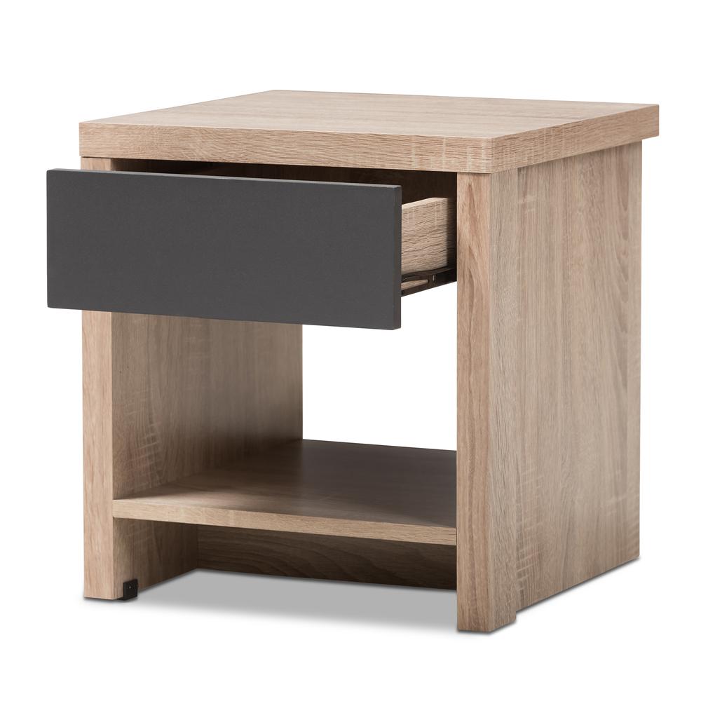 Two-Tone Oak and Grey Wood 1-Drawer 1-Shelf Nightstand. Picture 10