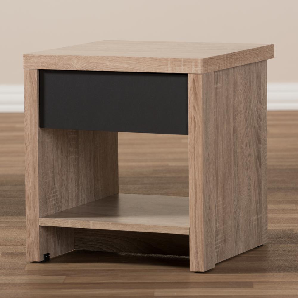 Two-Tone Oak and Grey Wood 1-Drawer 1-Shelf Nightstand. Picture 15